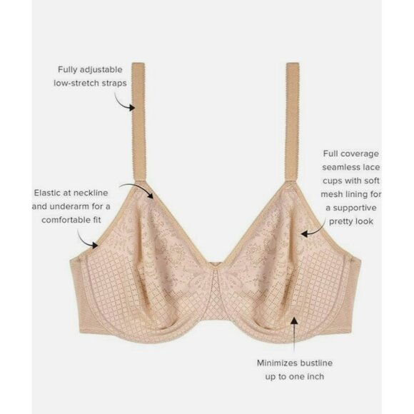 Wacoal Full Coverage Beige Lace & Mesh Underwire Bra 44DDD 857210 - Picture 8 of 9